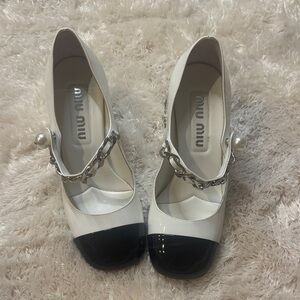Miu Miu Black and Cream Heels with Chain Detail